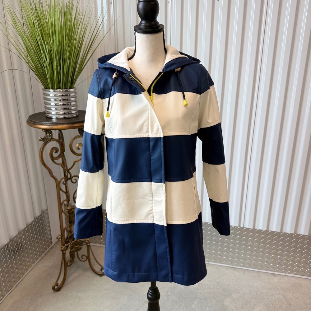 Talbots Rain Coat Women XS Navy White New Striped Hooded Water Resistant Splash